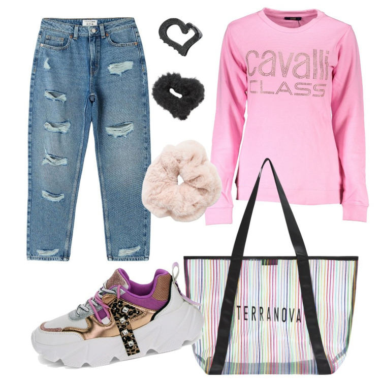 Outfit donna - Urban style. Stile Casual per Tutti i giorni. Abbinamento con jeans mom, accessori per capelli, shopping bag, sneakers, felpe.