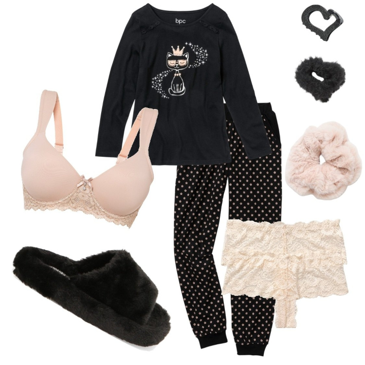 Outfit donna - Dolci sogni. Stile Casual per Tutti i giorni. Abbinamento con reggiseni, slip, pigiama, accessori per capelli, ciabatte.