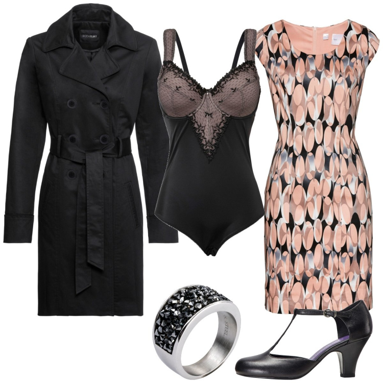 Outfit donna - Total look #1849739. Stile Chic per Serata fuori. Abbinamento con body, trench, vestiti a tubino, décolleté, anelli.