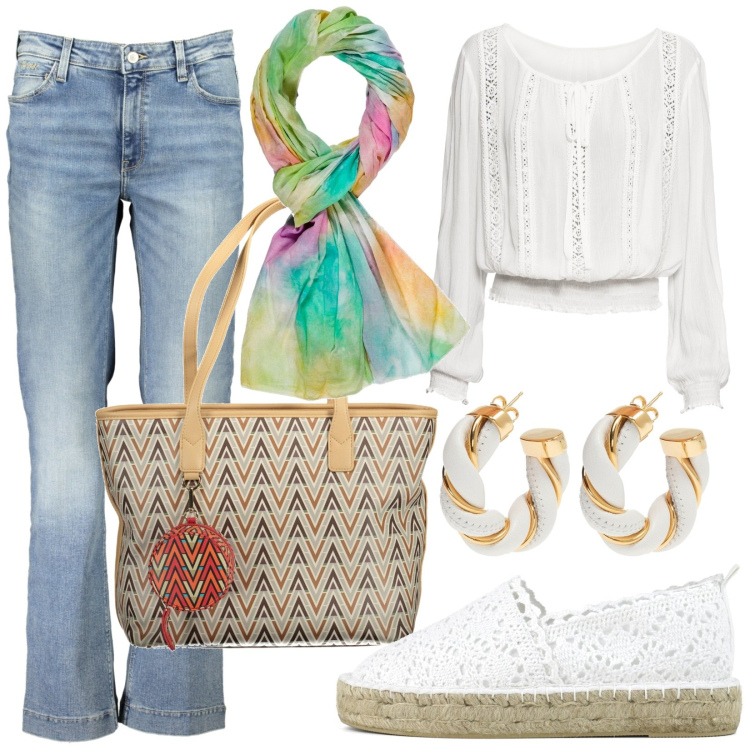 Outfit donna - Total look #1849744. Stile Trendy per Tutti i giorni. Abbinamento con bluse, orecchini, espadrillas, jeans, borse a spalla, sciarpe.