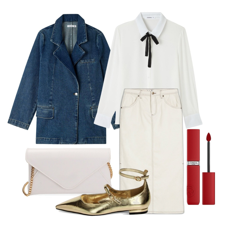 Outfit donna - Ballerine in città. Stile Preppy per Tutti i giorni. Abbinamento con gonne longuette, rossetti, blazer, camicie, pochette, ballerine.