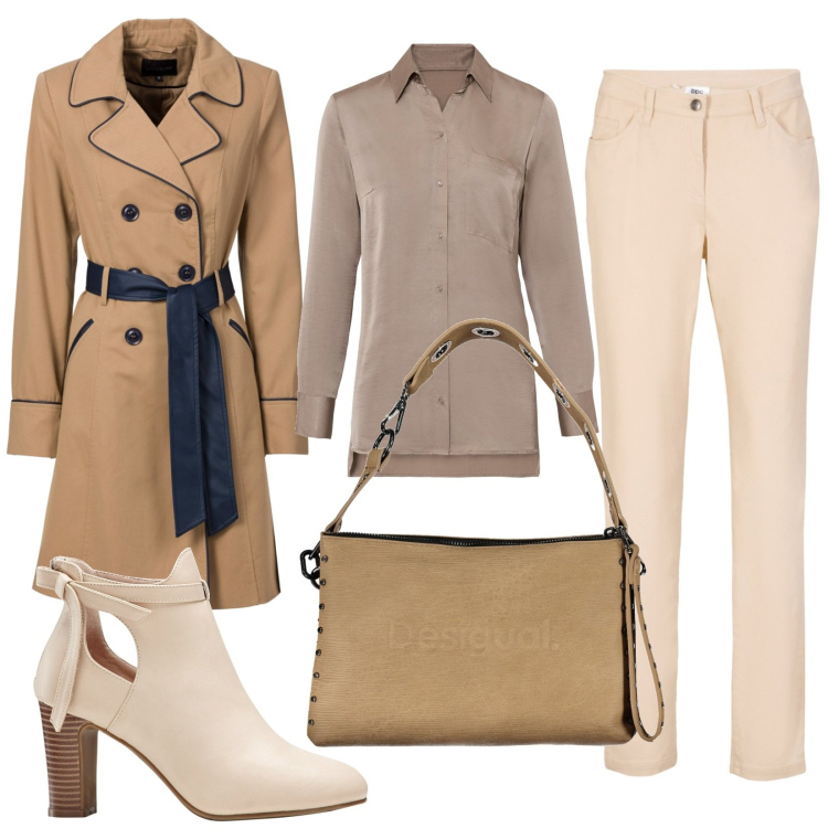 Outfit donna - Total look #1849754. Stile Casual chic per Ufficio. Abbinamento con stivaletti, trench, pantaloni, camicie, borse a spalla.