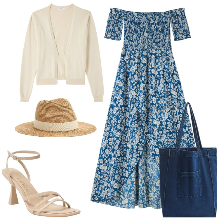 Outfit donna - Total look #1849759. Stile Romantica per Tutti i giorni. Abbinamento con vestiti lunghi, cappelli, cardigans, sandali col tacco, shopping bag.