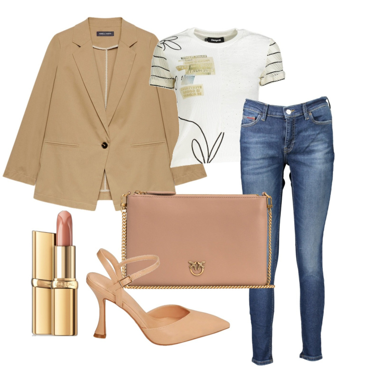 Outfit donna - In città con i jeans. Stile Casual chic per Tutti i giorni. Abbinamento con rossetti, borse a tracolla, décolleté, t-shirt, jeans skinny, blazer.