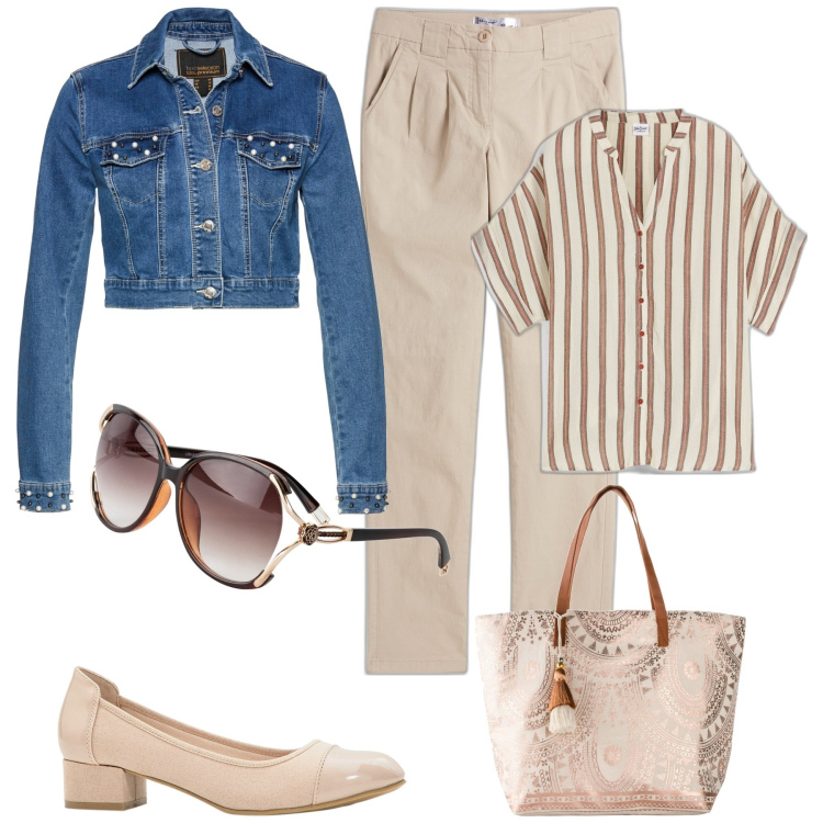 Outfit donna - Bonprix. Stile Casual chic per Tutti i giorni. Abbinamento con pantaloni chino, occhiali da sole, camicie a manica corta, shopping bag, blazer, décolleté.