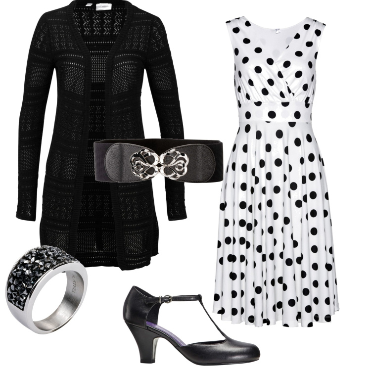 Outfit donna - Evento cocktail abito midi. Stile Vintage retrò per Serata fuori. Abbinamento con cinture, vestiti, cardigans, décolleté, anelli.