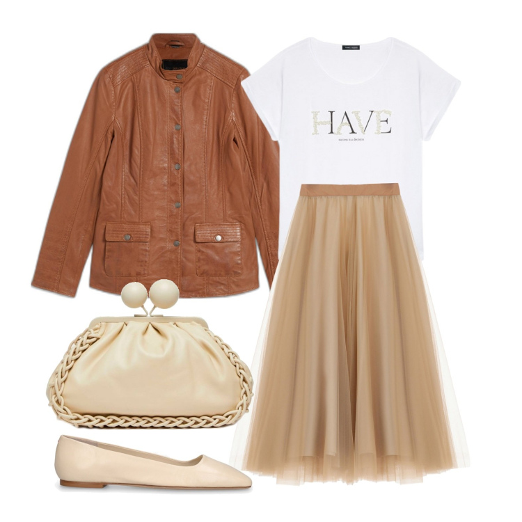 Outfit donna - Have a good day. Stile Trendy per Tutti i giorni. Abbinamento con blazer, gonne longuette, clutch, ballerine, t-shirt.