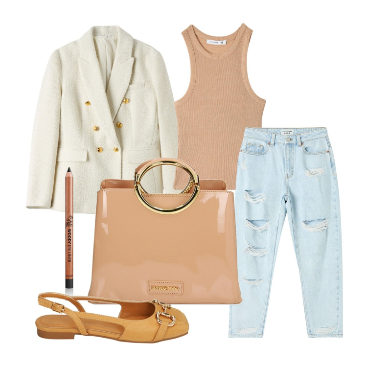 Outfit donna - Passeggiata in centro. Stile Trendy per Tutti i giorni. Abbinamento con eyeliner, blazer, jeans mom, canottiere, ballerine, borse a mano.