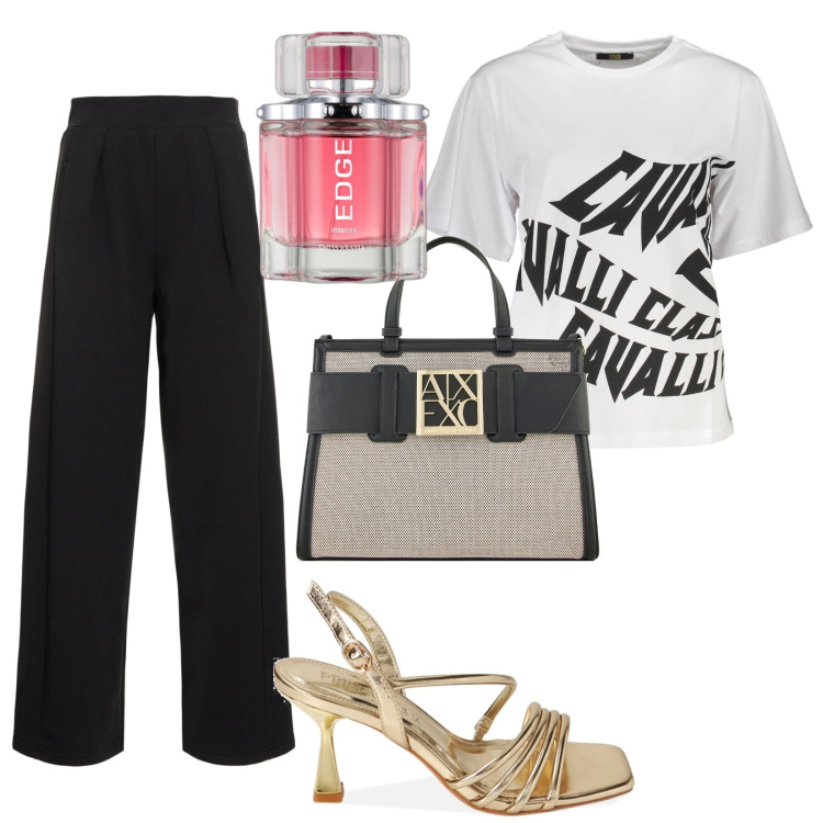 Outfit donna - In t-shirt al lavoro. Stile Casual per Tutti i giorni. Abbinamento con profumi, sandali col tacco, t-shirt, pantaloni, borse tote.