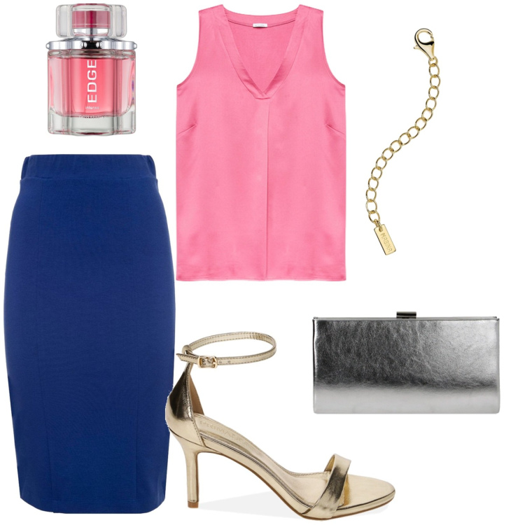 Outfit donna - Oro e argento. Stile Chic per Ufficio. Abbinamento con profumi, collane, sandali col tacco, pochette, gonne, top.