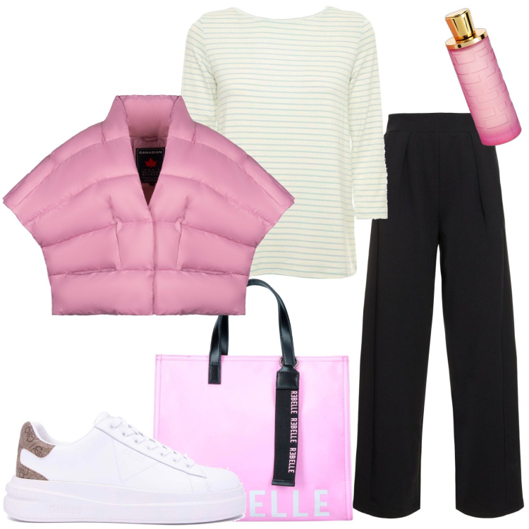 Outfit donna - Basic per il giorno. Stile Casual per Tutti i giorni. Abbinamento con profumi, cappe, sneakers, t-shirt, pantaloni, shopping bag.