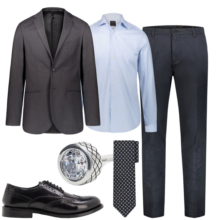 Outfit uomo - Formale in grigio. Stile Business/Elegante per Cerimonia. Abbinamento con scarpe stringate, orecchini, camicie, pantaloni, giacche, cravatte.