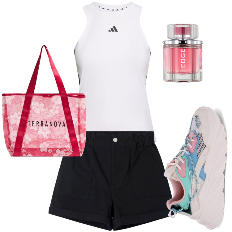 Outfit donna - Sportiva. Stile Casual per Tutti i giorni. Abbinamento con profumi, shopping bag, shorts, sneakers, canottiere.