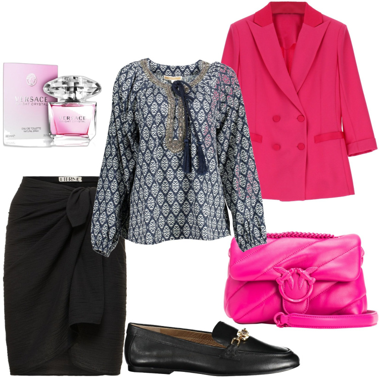 Outfit donna - Profumo da donna. Stile Chic per Ufficio. Abbinamento con profumi, borse a tracolla, blazer, camicie, mocassini, minigonne.