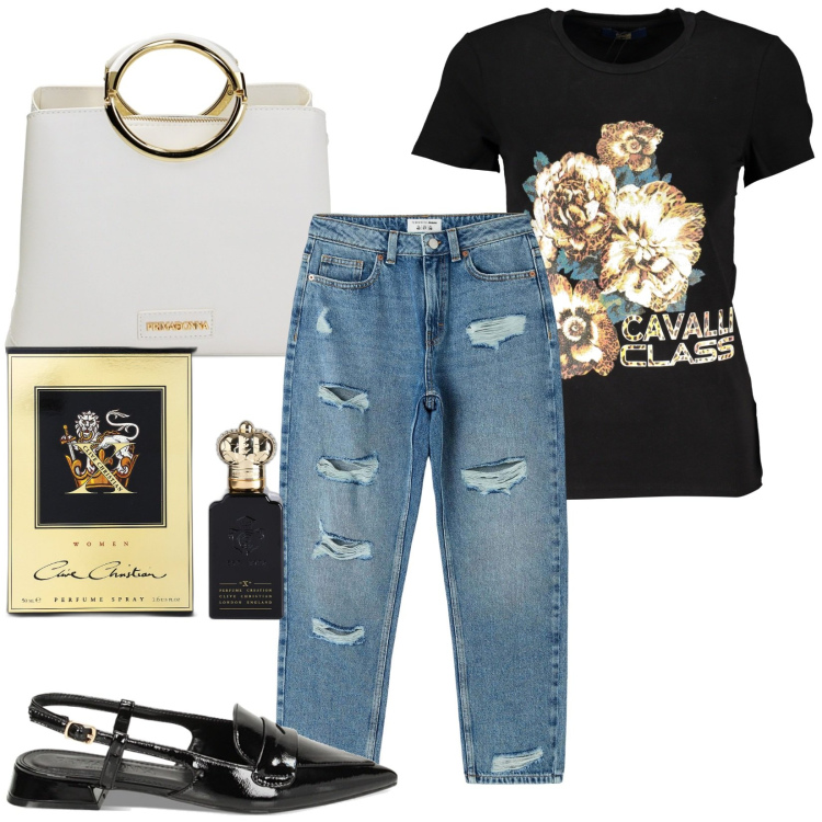 Outfit donna - In centro. Stile Casual per Tutti i giorni. Abbinamento con profumi, jeans mom, borse a mano, ballerine, t-shirt.