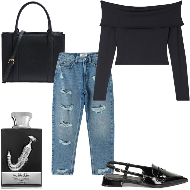 Outfit donna - Al lago. Stile Casual per Tutti i giorni. Abbinamento con profumi, jeans mom, t-shirt, shopping bag, ballerine.