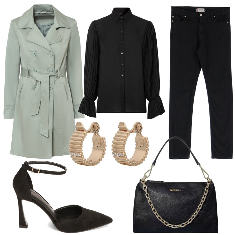 Outfit donna - Trench per la primavera. Stile Trendy per Serata fuori. Abbinamento con trench, camicie, orecchini, pantaloni skinny, pochette, décolleté.