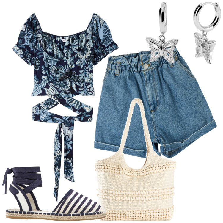 Outfit donna - Un salto in estate. Stile Casual per Tutti i giorni. Abbinamento con espadrillas, shopping bag, bluse, shorts, orecchini.