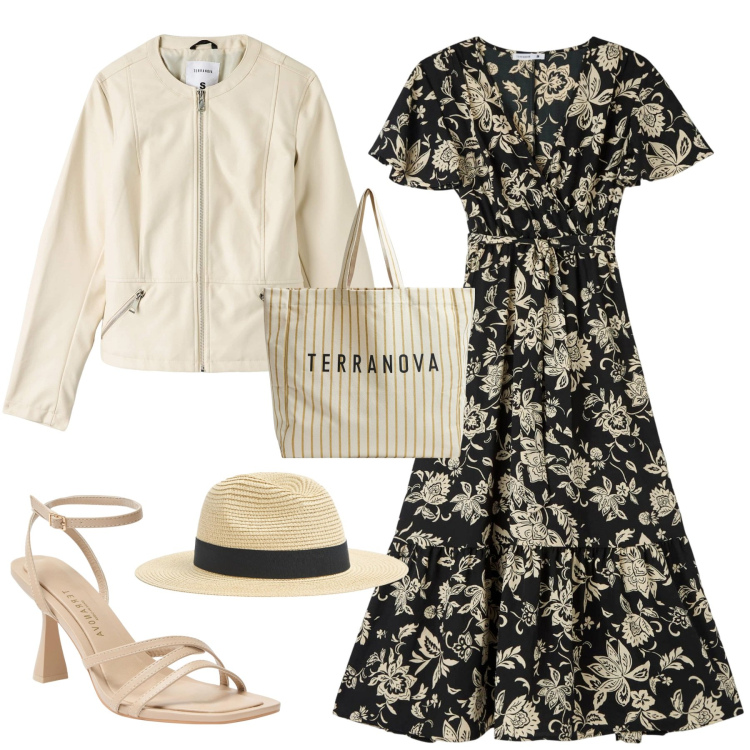Outfit donna - A passeggio sul lungomare. Stile Romantica per Mare. Abbinamento con vestiti lunghi, cappelli, blazer, sandali col tacco, borse tote.