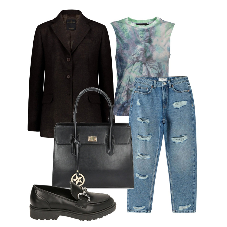 Outfit donna - Oggi indaffarata. Stile Casual per Tutti i giorni. Abbinamento con jeans mom, mocassini, borse a mano, canottiere, blazer.
