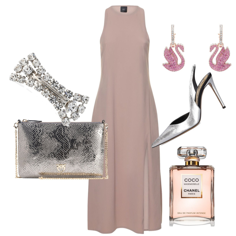 Outfit donna - Damigella quasi minimal. Stile Chic per Cerimonia. Abbinamento con orecchini, profumi, borse a tracolla, vestiti midi/longuette, décolleté, accessori per capelli.