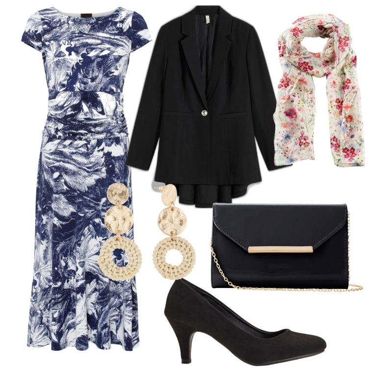 Outfit donna - Signora. Stile Bon Ton per Cerimonia. Abbinamento con foulard, orecchini, décolleté, vestiti, pochette, blazer.