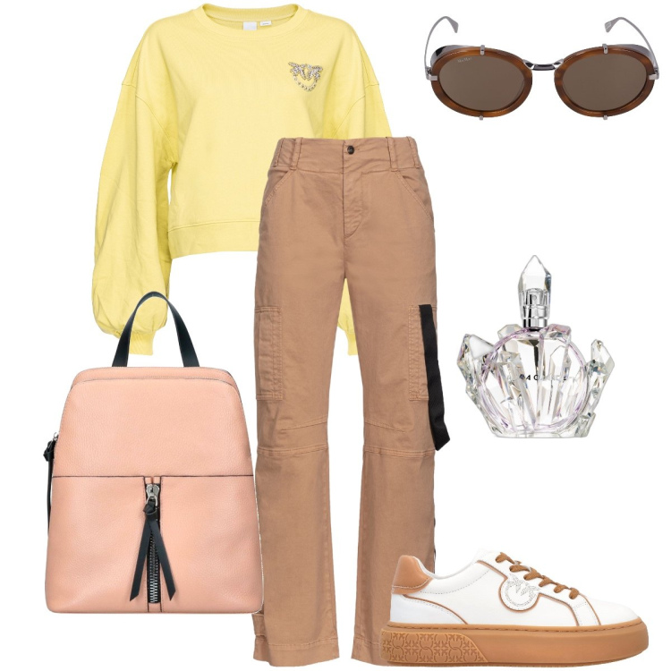 Outfit donna - La felpa gialla. Stile Casual per Tutti i giorni. Abbinamento con profumi, felpe, pantaloni cargo, sneakers, zaini, occhiali da sole.