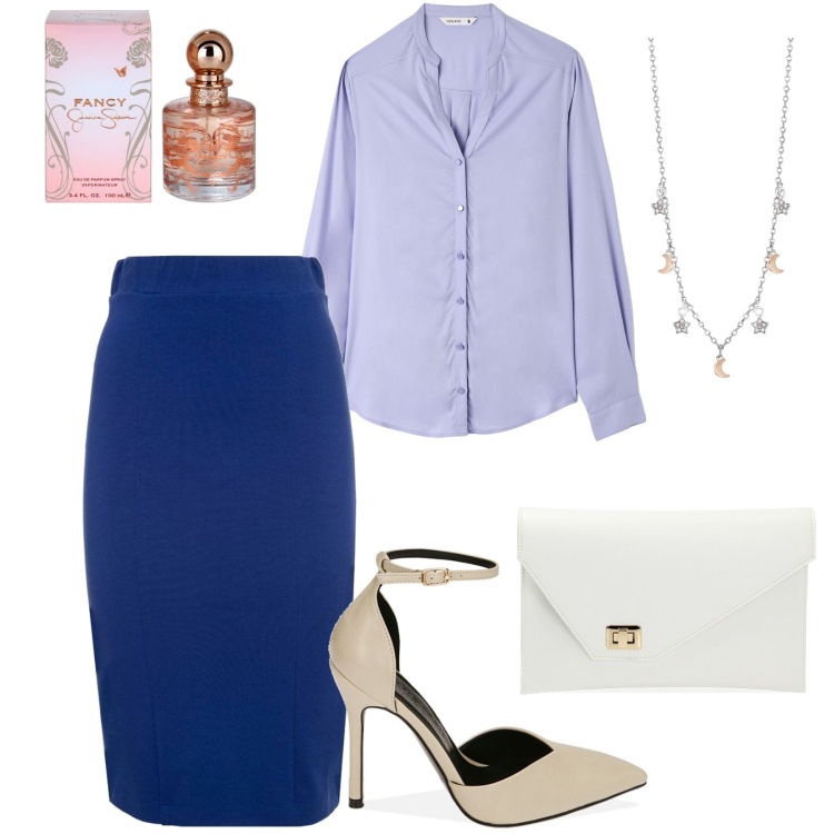 Outfit donna - A lavoro. Stile Chic per Ufficio. Abbinamento con profumi, collane, décolleté, pochette, gonne, camicie.