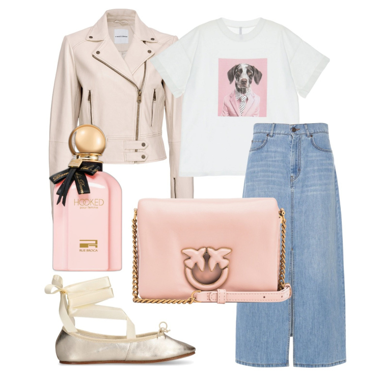 Outfit donna - A passeggio sotto il sole. Stile Trendy per Tutti i giorni. Abbinamento con profumi, giacche, borse a tracolla, t-shirt, gonne longuette, ballerine.