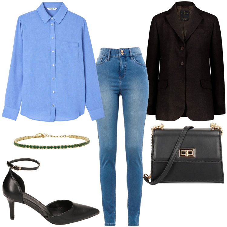 Outfit donna - In ufficio. Stile Casual per Tutti i giorni. Abbinamento con jeans slim fit, camicie, braccialetti, décolleté, borse a tracolla, blazer.