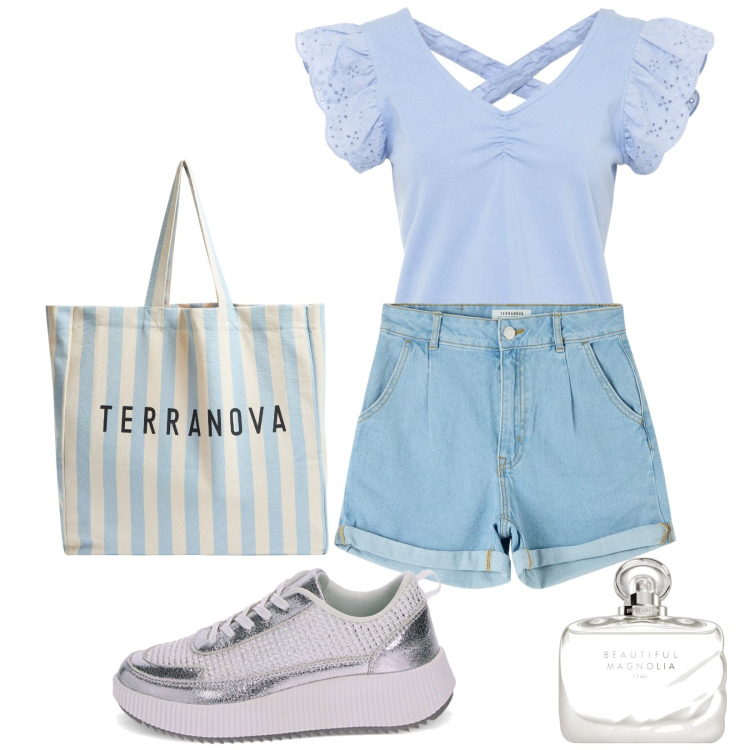Outfit donna - Maglietta maniche a farfalla. Stile Casual per Tutti i giorni. Abbinamento con orecchini, profumi, borse tote, shorts, sneakers.