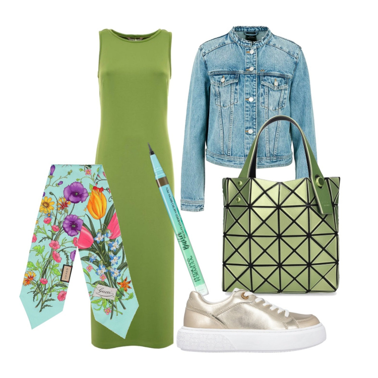 Outfit donna - Primavera sprintosa. Stile Sporty chic per Tutti i giorni. Abbinamento con eyeliner, sneakers, vestiti midi/longuette, foulard, blazer, borse a mano.