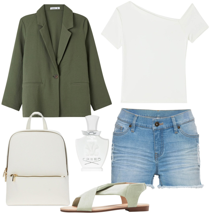 Outfit donna - I primi segni dell\'estate. Stile Casual per Tutti i giorni. Abbinamento con sandali, shorts, profumi, blazer, t-shirt, zaini.