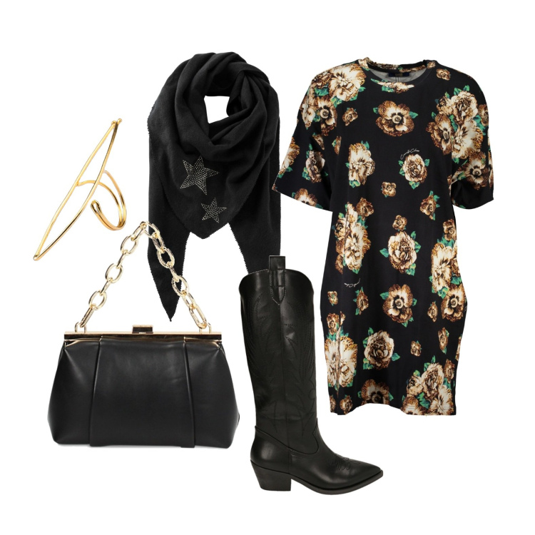 Outfit donna - Ancora voglia di stivali. Stile Trendy per Tutti i giorni. Abbinamento con foulard, borse a spalla, stivali, vestiti corti, anelli.