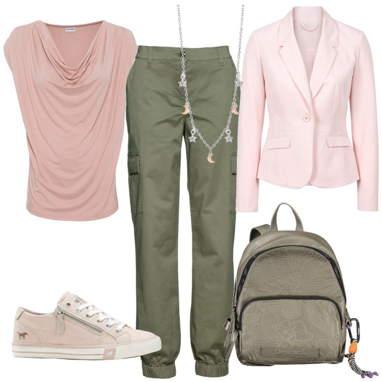 Outfit donna - Blusa con trappeggio. Stile Sporty chic per Ufficio. Abbinamento con pantaloni cargo, maglieria, blazer, sneakers, collane, zaini.