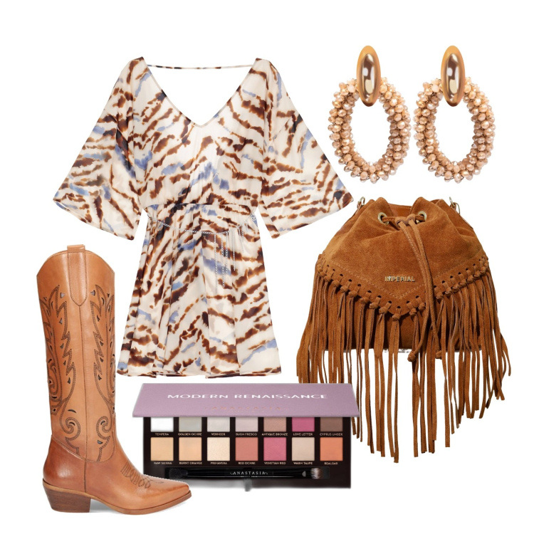 Outfit donna - Animalier da città. Stile Trendy per Tutti i giorni. Abbinamento con orecchini, ombretti, vestiti corti, borse a secchiello, stivali.