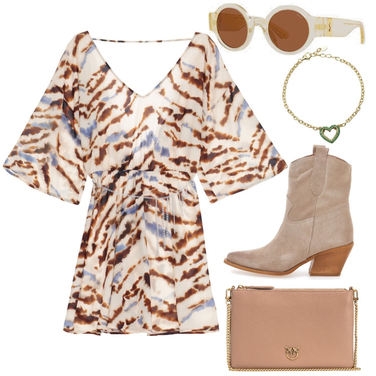 Outfit donna - New Pittarello. Abbinamento con braccialetti, borse a tracolla, vestiti corti, occhiali da sole, stivaletti.