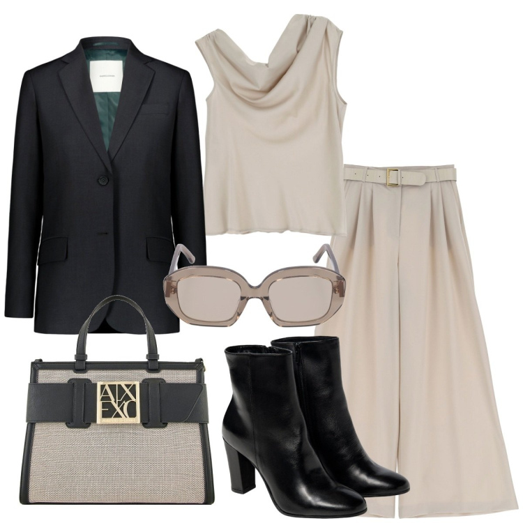 Outfit donna - Super trendy. Stile Trendy per Tutti i giorni. Abbinamento con pantaloni a palazzo, top, blazer, stivaletti, borse tote, occhiali da sole.
