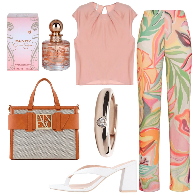 Outfit donna - Passeggiata a colori. Stile Chic per Tutti i giorni. Abbinamento con infradito, profumi, anelli, top, pantaloni, borse tote.