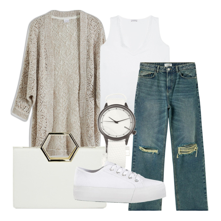 Outfit donna - Minuti contati. Stile Basic per Tutti i giorni. Abbinamento con sneakers, cardigans, orologi, jeans strappati, borse a mano, top.