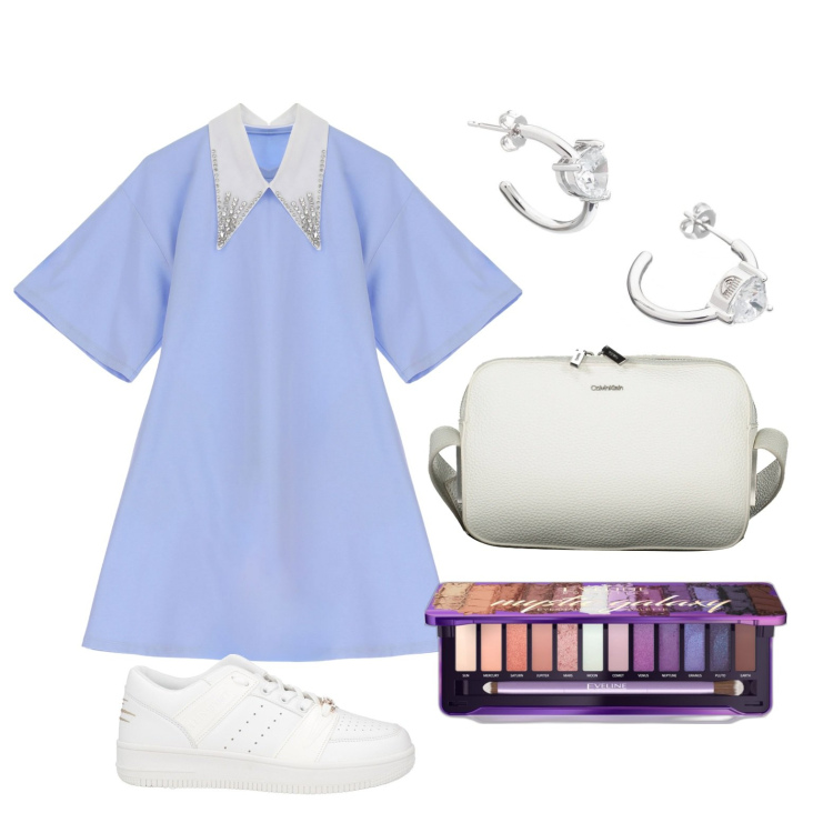 Outfit donna - Frizzante in città. Stile Casual chic per Tutti i giorni. Abbinamento con ombretti, sneakers, orecchini, vestiti corti, borse a tracolla.