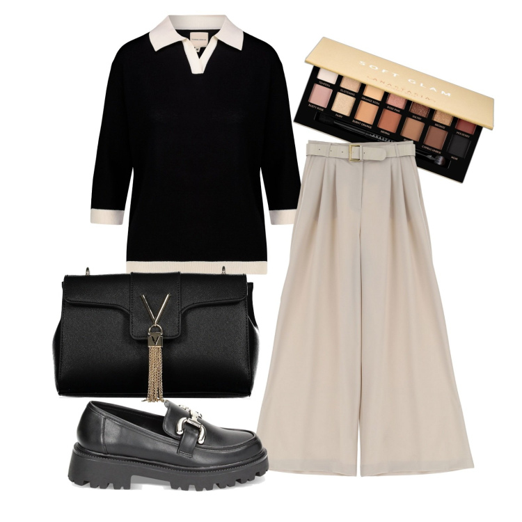Outfit donna - Venerdì in ufficio. Stile Casual per Ufficio. Abbinamento con ombretti, pantaloni a palazzo, mocassini, polo, borse a tracolla.