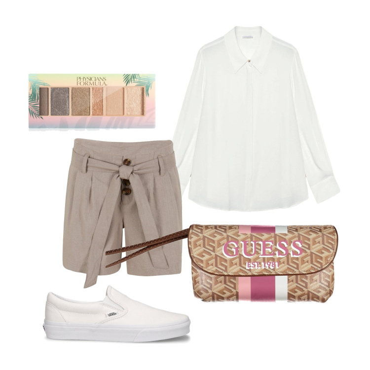 Outfit donna - In vacanza. Stile Casual chic per Mare. Abbinamento con shorts, ombretti, valigie, camicie, sneakers.
