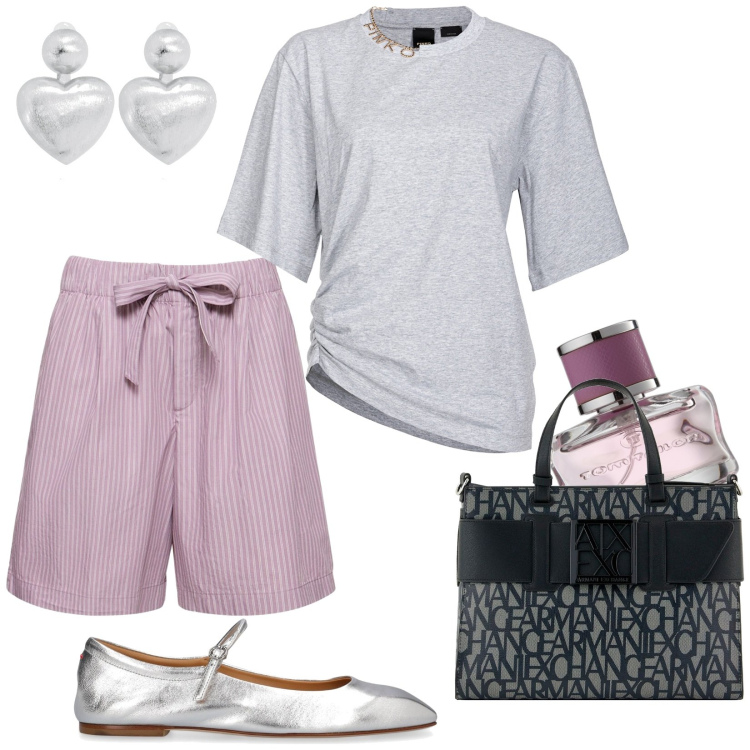 Outfit donna - Primavera e primi raggi di sole. Stile Basic per Tutti i giorni. Abbinamento con orecchini, profumi, t-shirt, ballerine, borse tote, shorts.