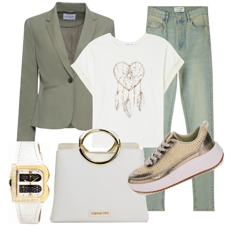 Outfit donna - Tracce dorate. Stile Casual per Tutti i giorni. Abbinamento con blazer, orologi, jeans skinny, t-shirt, sneakers alte, borse a mano.