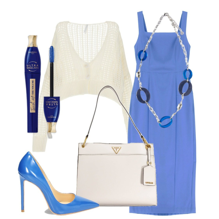 Outfit donna - Il cardigan traforato sull\'abito curvy. Stile Casual chic per Serata fuori. Abbinamento con mascara, vestiti midi/longuette, cardigans, décolleté, ciondoli, borse a spalla.