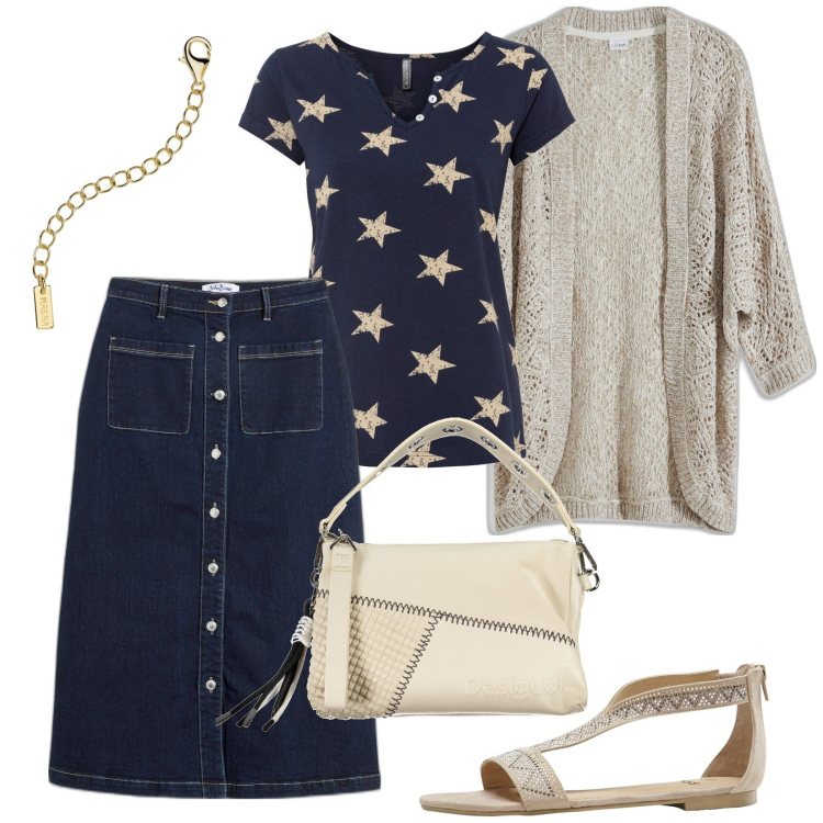 Outfit donna - Bellezza naturale. Stile Casual per Tutti i giorni. Abbinamento con maglieria, gonne longuette, cardigans, sandali, collane, borse a spalla.