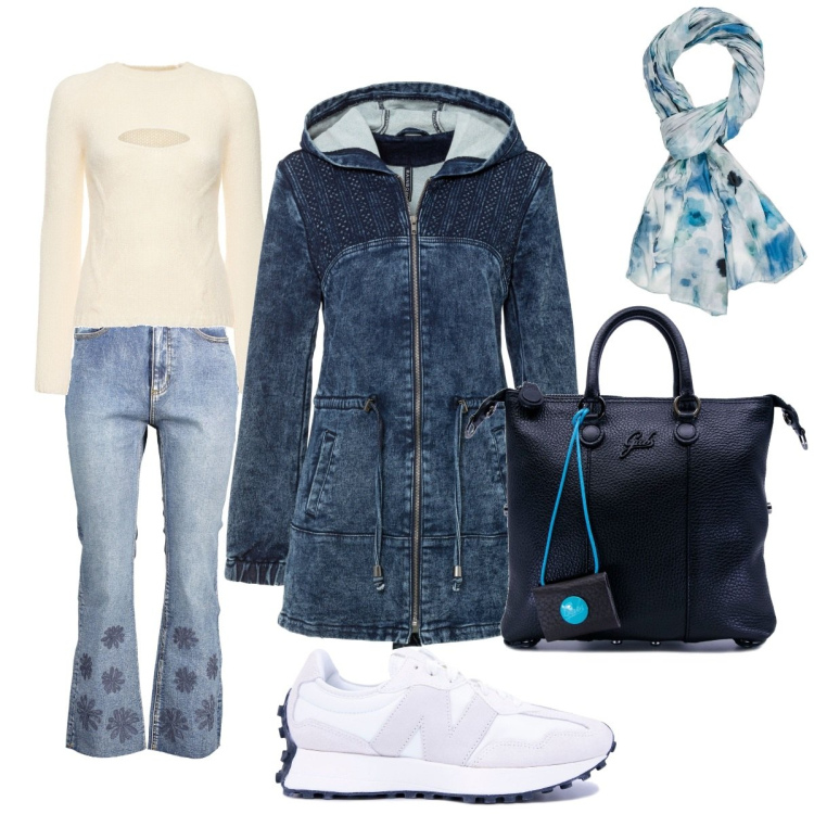 Outfit donna - Studentessa oppure Tempo Libero. Stile Casual chic per Scuola/Università. Abbinamento con parka, sneakers, shopping bag, maglieria, jeans, sciarpe.
