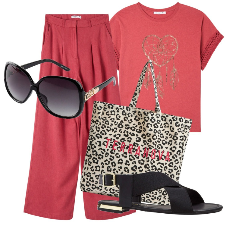 Outfit donna - Al market con la borsa eco. Stile Casual per Tutti i giorni. Abbinamento con occhiali da sole, sandali, pantaloni, t-shirt, shopping bag.