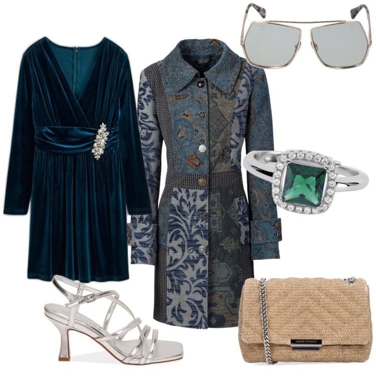 Outfit donna - Una vera Regina. Stile Vintage retrò per Serata fuori. Abbinamento con vestiti, cappotti, anelli, sandali col tacco, occhiali da sole, borse a tracolla.